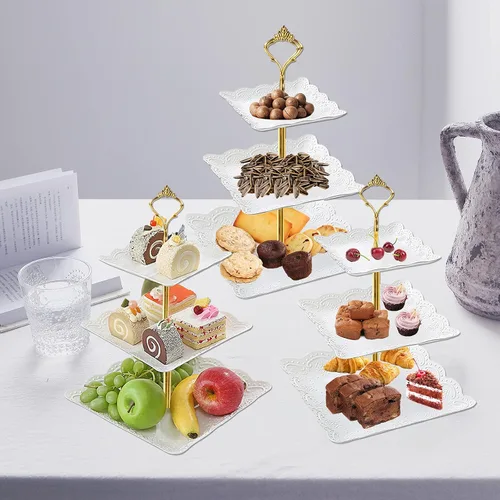 Miniatura 2 de 3 soportes cuadrados blancos para tartas de 3 niveles, bandeja de servir de 3 niveles, soporte para cupcakes, soporte de postre, decoración de mesa