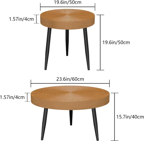 Miniatura 2 de Juego de 2 mesas auxiliares anidadas, mesa de centro redonda de MDF de grano de árbol con patas de metal, modernas mesas auxiliares apilables