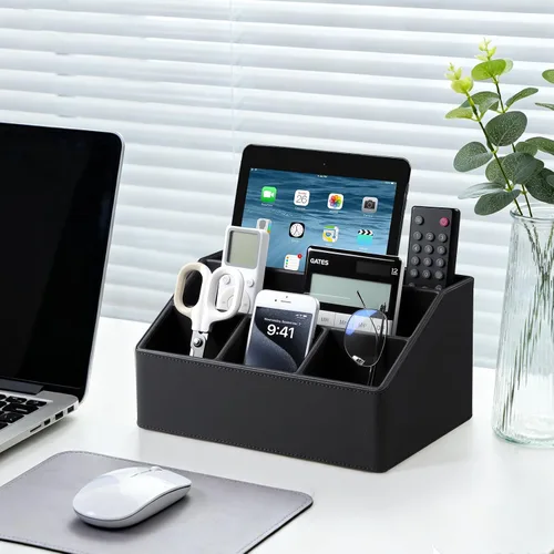 Miniatura 5 de Soporte para control remoto con 5 compartimentos para suministros de arte de oficina, organizador de mesita de noche de cuero sintético, soporte