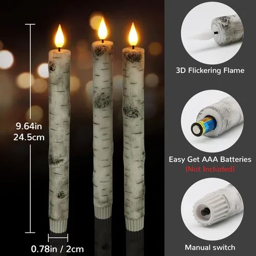 Miniatura 3 de PChero - Velas cónicas sin llama con temporizador remoto, paquete de 3 portavelas de corteza de abedul con cera real que funcionan con pilas, velas