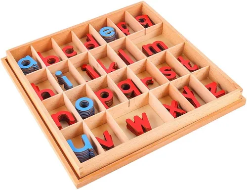 Miniatura 5 de Kghios Montessori - Alfabeto móvil pequeño de madera con caja y tapete grande, materiales de aprendizaje de ortografía preescolar (rojo y azul)