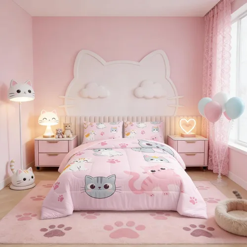 Miniatura 5 de Erosebridal - Juego de edredón para niños tamaño individual con diseño de gatos coloridos; juego de ropa de cama para niñas estilo Kawaii, Patrón 38