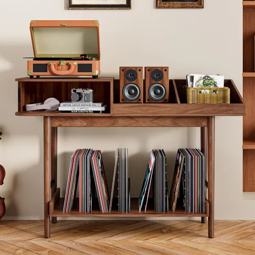 Miniatura 6 de Soporte para tocadiscos moderno de mediados de siglo, almacenamiento de discos de vinilo con puertas corredizas acanaladas, mesa grande