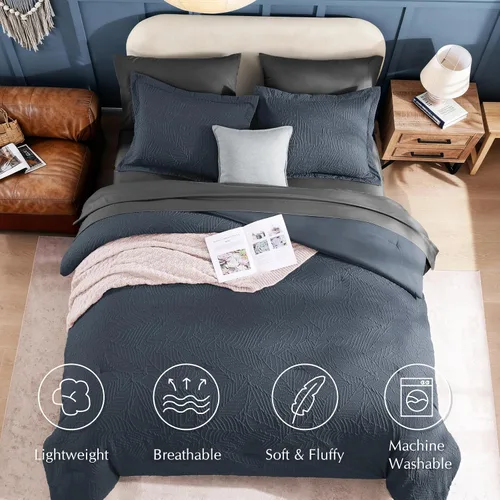 Miniatura 6 de Geniospin Juego de edredón tamaño matrimonial, ropa de cama con textura para todas las estaciones, con edredón, sábanas, fundas de almohada y fundas