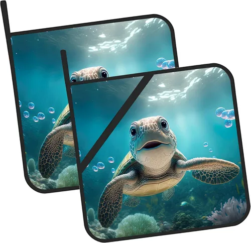 3D - Juego de 2 soportes para ollas sonrientes de tortuga, resistentes al calor, para cocinar, hornear, hacer barbacoas, regalos para mujeres
