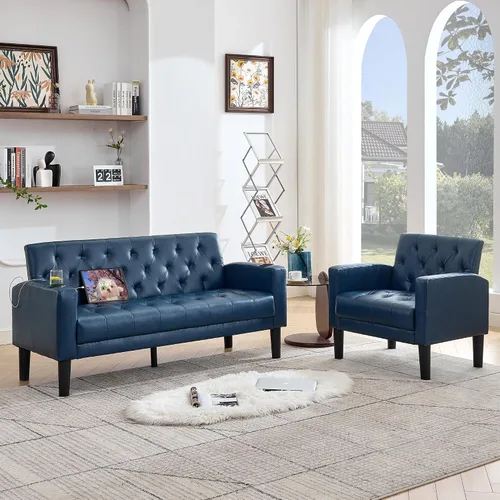 Miniatura 14 de TYBOATLE Sofá loveseat de 62" de ancho con 2 puertos de cargador USB y 2 portavasos, sofá de amor pequeño tapizado de cuero negro estilo moderno