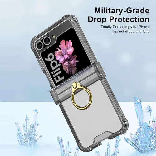 Miniatura 6 de Funda transparente para Samsung Galaxy Z Flip 6, protección de bisagra de lujo con soporte de anillo y protector de pantalla, funda suave todo Negro