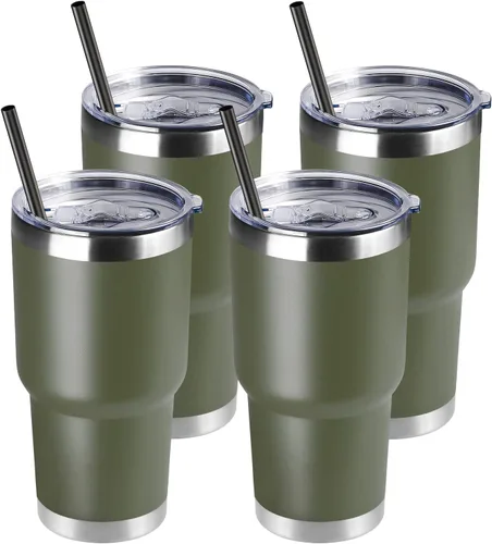 DOMICARE Vaso de 30 oz con tapa y pajita, vasos de acero inoxidable a granel, aislado al vacío de doble pared para café, vaso duradero con