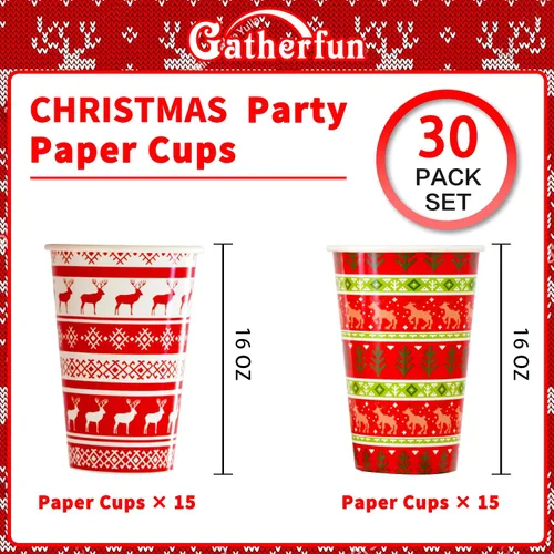Miniatura 2 de Gatherfun Suministros de fiesta de Navidad, suéter con diseño de reno, vasos de papel desechables de 16 onzas para decoraciones de fiesta de Feliz