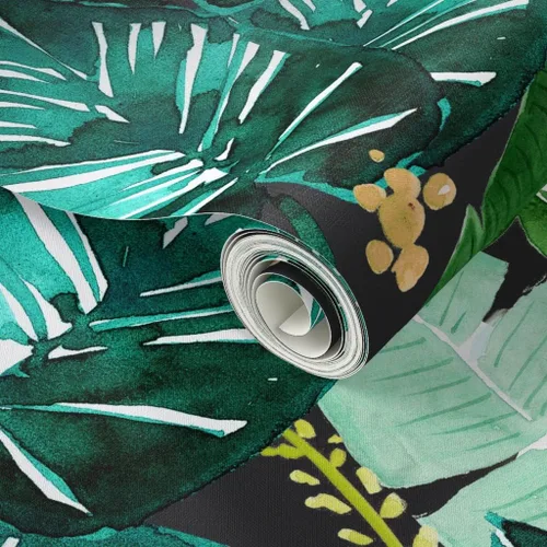 Miniatura 2 de Spoonflower Papel tapiz para despegar y pegar, hojas oscuras tropicales, hojas de plátano, selva, palma, verde, papel tapiz extraíble personalizado