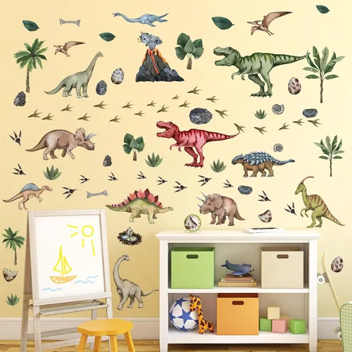 Miniatura 8 de Calcomanías de pared grandes de dinosaurio para despegar y pegar, calcomanías de pared de huellas de dinosaurio, hojas tropicales, palmeras