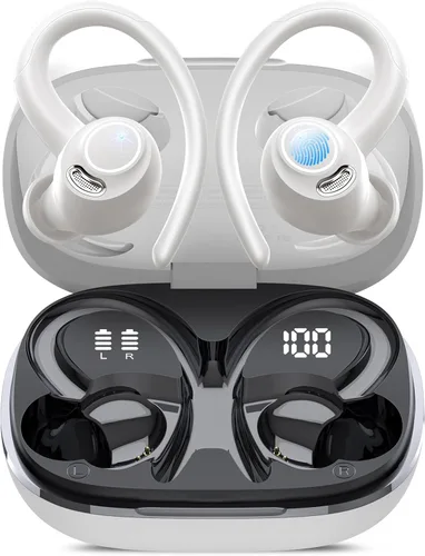 Auriculares inalámbricos, auriculares Bluetooth 5.4 deportivos, auriculares sobre la oreja con micrófono de cancelación de ruido ENC, 48H, 2-Blanco
