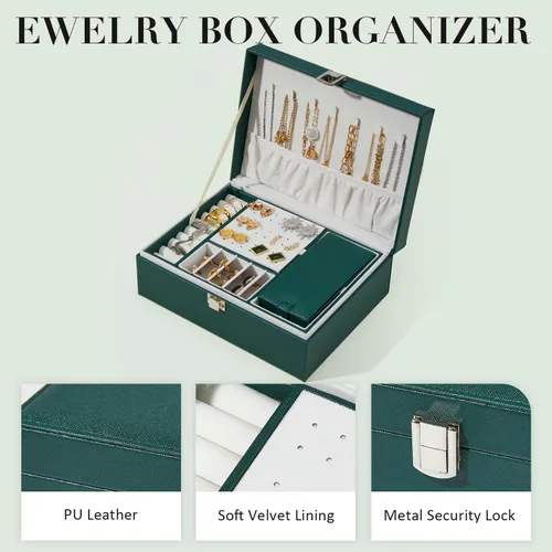 Miniatura 5 de BUTI4WLD Joyero, organizador de joyería de 2 capas con estuche de joyería de viaje, organizador de cuero sintético para aretes, anillos, collares