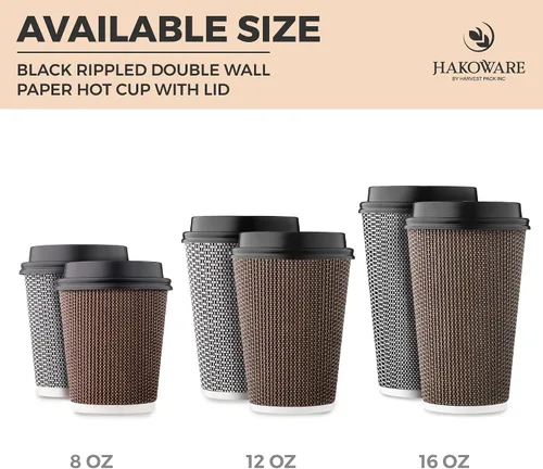 Miniatura 6 de Harvest Pack - Paquete de 100 tazas de café aisladas de 8 onzas con tapas, tazas calientes de papel ondulado de doble pared, diseño geométrico Negro