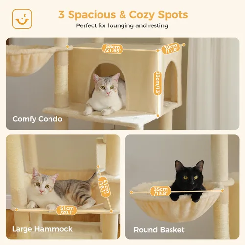Miniatura 6 de PAWZ Road Árbol Grande para Gatos, Torre para Gatos de 73 Pulgadas de Altura con 1 Gran Asiento Acolchado, 2 Hamacas Espaciosas, 8 Postes Largos