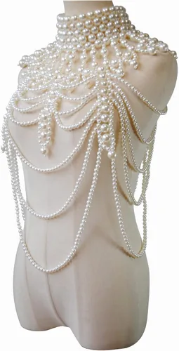 Miniatura 5 de YWCUTE Collar sexy trenzado con flecos de perlas y cadena de cuerpo de perlas de moda francesa multicapa, Beige