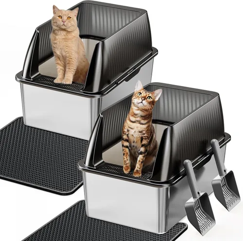 Miniatura 8 de Tripamin Caja de arena para gatos de acero inoxidable XL de 15 pulgadas, lados altos XXL de acero inoxidable con tapa, caja de arena de metal