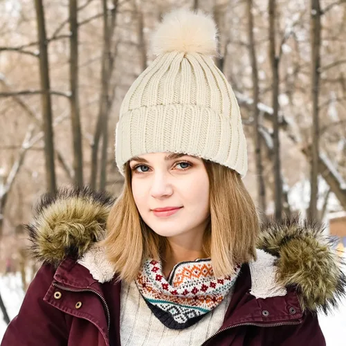 Miniatura 6 de Muryobao Gorro de invierno para mujer, con forro de satén, de piel sintética, con pompones, de punto, con forma de calavera