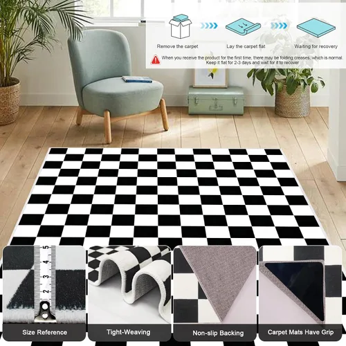Miniatura 3 de Alfombra a cuadros de 2 x 3 pies, alfombra negra y blanca moderna para entrada interior, alfombra pequeña lavable a cuadros para baño, alfombra