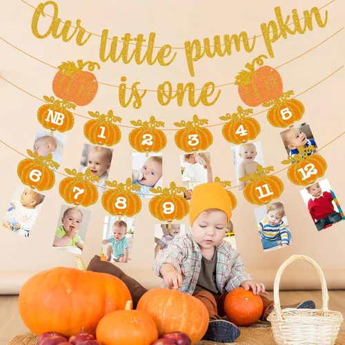 Miniatura 5 de Cartel de fotos de calabaza de otoño para el primer cumpleaños, pancarta de fotos de calabaza de otoño para recién nacidos a 12 meses, guirnalda