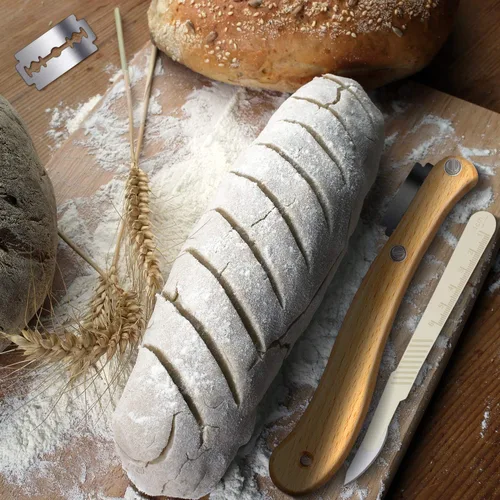 Miniatura 7 de Mudder Herramienta de puntuación de masa madre con 10 cuchillas reemplazables, mango de madera y 2 cuchillos con cubierta protectora para hornear