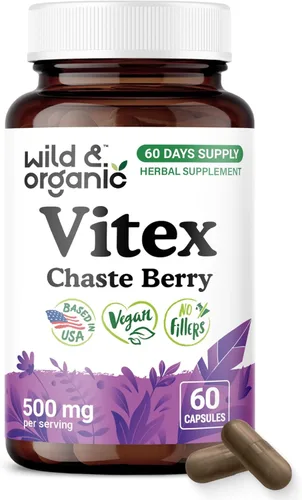 Wild & Organic Vitex Chasteberry Suplemento para mujer – Suplementos para la menopausia para mujeres – Cápsulas de polvo de bayas Vitex – Chaste