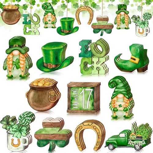 Spiareal 36 piezas Adornos de día de San Patricio en madera, adorno colgante de trébol verde, gnomo verde, camión, recorte de madera, decoración