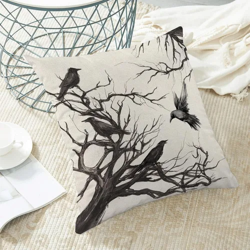Miniatura 4 de Fundas de almohada de Halloween de 18 x 18 pulgadas, 2 piezas, fundas de almohada decorativas de cuervos en árbol negro para sofá, funda de cojín