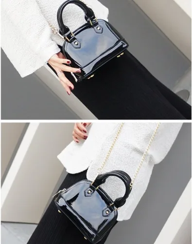 Miniatura 2 de Cremallera alrededor de la bóveda de cuero de patente Satchel Mini Top Handle Tote Bag Shell Shape Monedero Bolsos
