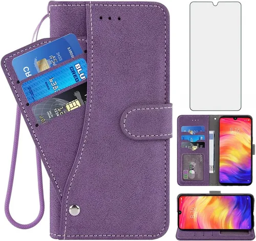 Asuwish Funda tipo cartera compatible con Xiaomi Redmi Note 7/7Pro y protector de pantalla de vidrio templado, funda abatible para tarjetas de