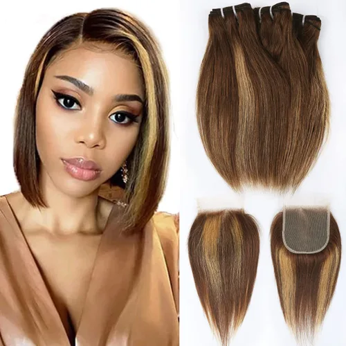 FQ Paquetes de Reflejos 4/27 y Cierre Liso P4/27 Paquete de Cabello Humano con Cierre (10 10 10+10) Bob Corto Brasileño Ombré Rubio Miel Coloreado
