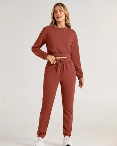 Miniatura 22 de BTFBM Conjunto deportivo de 2 piezas para mujer, camiseta corta de manga larga, sin botones, pantalón con cordón ajustable, pantalones deportivos
