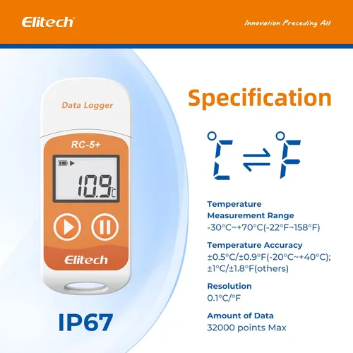 Miniatura 3 de Elitech RC-5+ Registrador de datos de temperatura USB PDF digital, grabador reutilizable, termómetro para refrigerador, 32000 puntos de alta Celsius