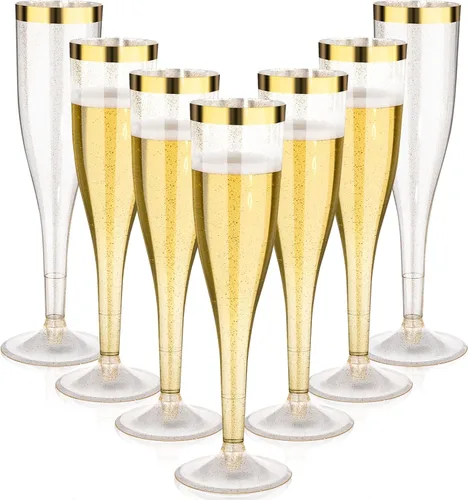 Goodluck Paquete de 48 copas de champán de plástico con purpurina dorada de 6.5 onzas con borde dorado, vasos desechables de champán para brindis de