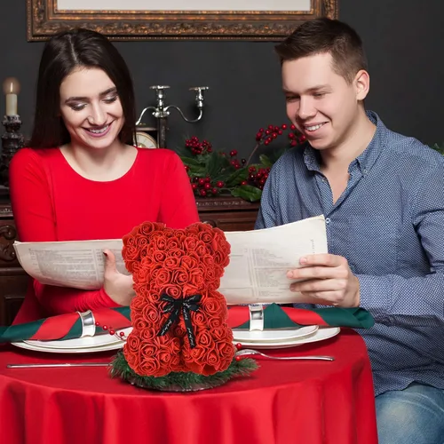 Miniatura 5 de oso de peluche hecho de rosas, diseño de rosas en cada oso, perfecto para aniversario, incluye caja de regalo transparente 10 pulgadas.