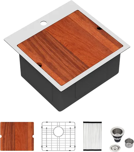 Miniatura 37 de Logmey Fregadero de cocina negro 33x22 empotrable, estación de trabajo de fregadero de cocina, SUS304 calibre 16 acero inoxidable, tazón individual