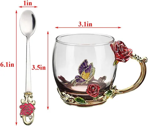 Miniatura 4 de Taza de té de flor, taza de té, taza de café de vidrio Rojo (Red Short)