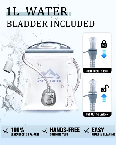Miniatura 8 de Zelvot Chaleco para correr con vejiga de agua de 1 litro, patente original de Estados Unidos, chaleco de hidratación reflectante ajustable, mochila