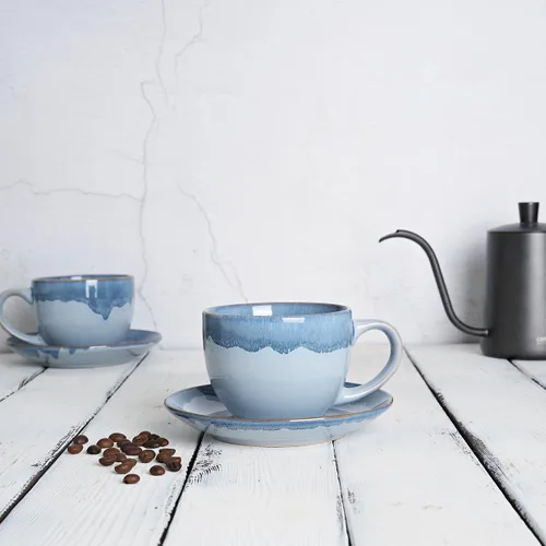 Miniatura 4 de Bosmarlin Juego de 2 Tazas de Capuchino de Cerámica con Platillo, 10 Oz, Tazas de Café para Café con Leche, Espresso, Té, Aptas para Lavavajillas