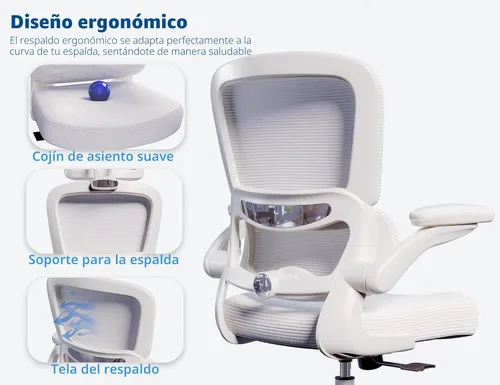 Miniatura 8 de TRALT Silla ergonómica de oficina, silla de escritorio con soporte lumbar ajustable, silla de computadora cómoda de malla con reposabrazos Blanco