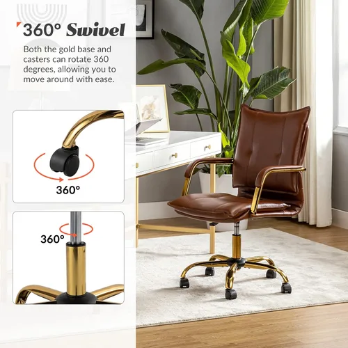 Miniatura 5 de HULALA HOME Silla de escritorio de piel sintética para oficina en casa, silla giratoria ajustable para computadora con patas y brazos dorados, Patas
