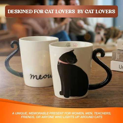 Miniatura 7 de VOTUM Taza de cerámica negra con gato blanco para café o té - Taza con forma de animal con diseños impresos a mano - Bonito regalo hecho a mano