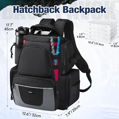 Miniatura 6 de Piscifun Mochila de pesca con 2 soportes para caña y 4 cajas de aparejos, bolsa grande de almacenamiento de aparejos con cubierta de lluvia