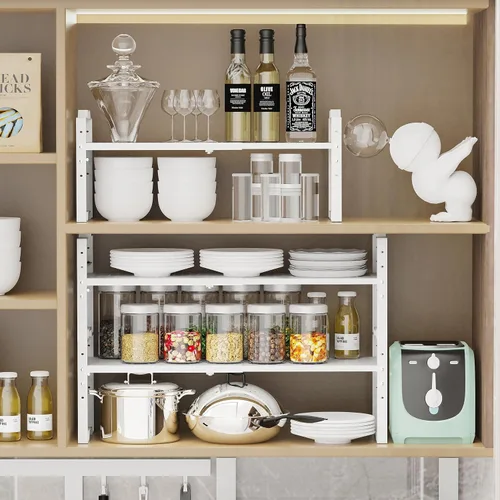 Miniatura 3 de Jojocross Estante expandible para organizador de gabinete, ajustable, apilable, especiero en cocina y baño, 2 paquetes/blanco, mediano