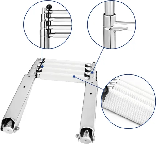 Miniatura 3 de YOUNG MARINE Escalera telescópica y plegable de acero inoxidable de 4 escalones con estribo de plástico blanco, montaje sobre plataforma