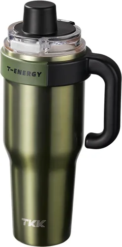 Miniatura 8 de TKK Vasos aislados de 40 onzas con asa y pajilla, taza de viaje de acero inoxidable con revestimiento de cerámica, taza de café helado de doble