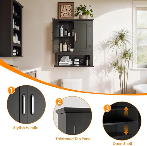 Miniatura 6 de VINGLI Armario de pared de baño, botiquín negro con estante abierto y 2 puertas, organizador de almacenamiento ajustable para colgar sobre