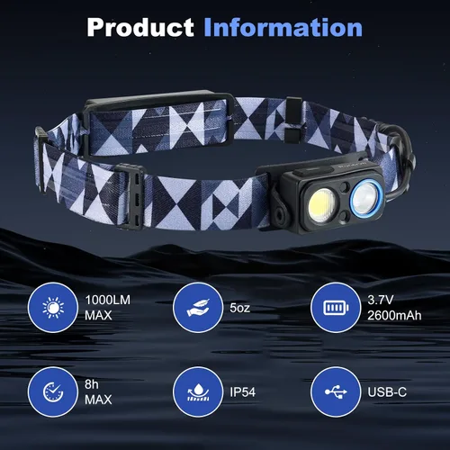 Miniatura 6 de Linterna frontal LED recargable, 1000 lm con sensor de movimiento, foco e reflector, inclinación de 90°, batería reflectante, IPX4 impermeable