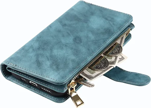 Miniatura 4 de Funda tipo cartera compatible con iPhone 11, piel sintética azul de 6.1 pulgadas, PC, funda delgada de TPU con 9 ranuras para tarjetas, bolsillo