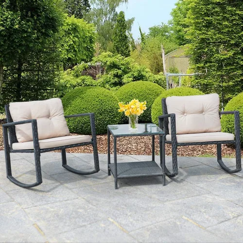 Miniatura 2 de HAPPYGRILL Juego de 3 sillas mecedoras para patio al aire libre con mesa auxiliar, muebles de mimbre de ratán, juego de conversación para jardín
